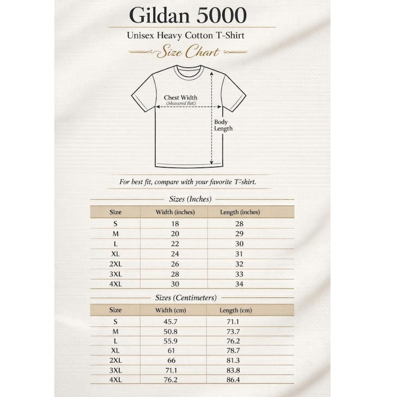 May include: A size chart for Gildan 5000 Unisex Heavy Cotton T-shirts. The chart includes measurements in inches and centimeters for chest width and body length, ranging from size S to 4XL. The width of a size S is 18 inches, and the length is 28 inches.