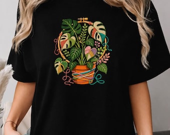 T-Shirt mit Pflanzenmotiven für Nadelstich-Stickerei, Zimmerpflanzen-Bastel-T-Shirt, Geschenkidee für botanische Stickerei, Monstera-Stickerei-T-Shirt für Pflanzenliebhaber