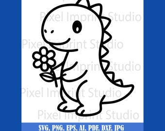 Kawaii Dino with Flower SVG | Kids Clipart (Digital Download)