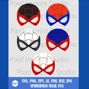 Peut inclure: Cinq modèles de masques de Spiderman en rouge, noir, blanc et bleu. Chaque masque présente une palette de couleurs et un motif de toile d'araignée uniques. Le texte "SVG, PNG, EPS, AI, PDF, DXF, JPG SPIDERMAN MASK SVG" est inclus.