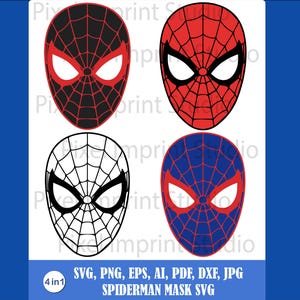 May include: Four Spiderman mask designs in red, black, white, and blue. Each mask features a web pattern and eye openings. The image includes the text "SVG, PNG, EPS, AI, PDF, DXF, JPG SPIDERMAN MASK SVG" and "4 in 1".