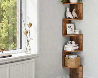Rustic wooden corner shelf – wall shelf for living room & bedroom | Space-saving corner shelf | Vintage decor | 5-tier shelf