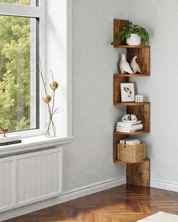 Rustikales Eckregal aus Holz – Wandregal für Wohnzimmer & Schlafzimmer | Platzsparendes Corner Shelf | Vintage Deko | 5-stufiges Regal