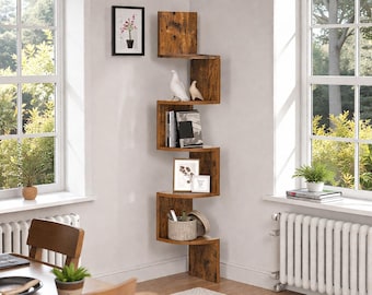 Rustikales Eckregal Holz – Wandregal für Wohnzimmer & Schlafzimmer | Platzsparendes Corner Shelf | Vintage Deko | 5 Ebenen