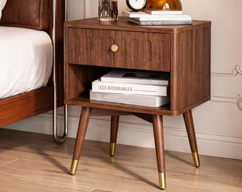 Mid Century Nightstand with Drawer & Shelf, Walnut Bedside Table for Bedroom, Fluted Wood End Table with Charging Station
