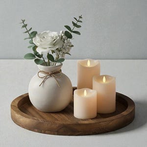 Op de afbeelding: Een houten dienblad toont een witte vaas met een roos en groen, en drie ivoorkleurige LED-kaarsen. De kaarsen, van verschillende hoogtes, hebben een flikkerend vlameffect. De vaas is vastgebonden met een touw.