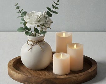 Round Wooden Serving Tray – Rustic Wood Decor Tray for Candles, Coffee Table, Kitchen & Home Decor