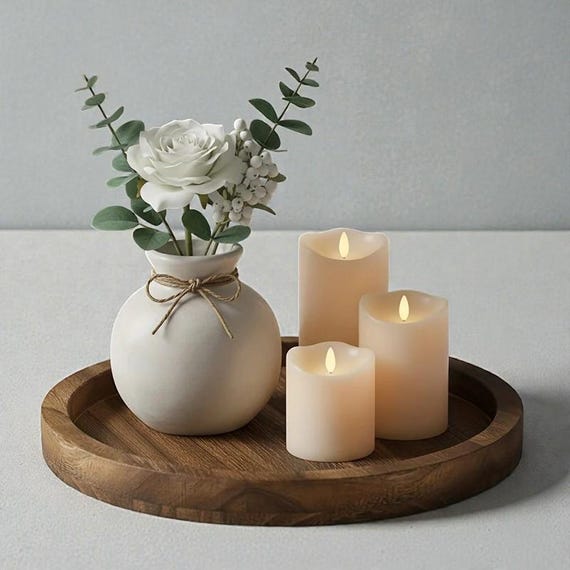 Round Wooden Serving Tray – Rustic Wood Decor Tray for Candles, Coffee Table, Kitchen & Home Decor