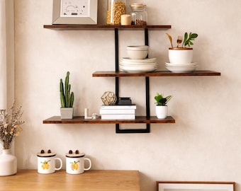 Floating Wall Shelf Wood Metal 3 Tier Storage Shelf for Living Room Kitchen Bathroom Modern Rustic Home Decor