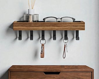 Rustic wooden key holder with shelf and 6 hooks – wall-mounted key rack in industrial style | Organizer for hallway, office, bedroom