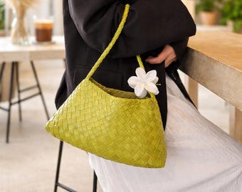 Woven Shoulder Bag Green Handbag Trendy Summer Purse Aesthetic Tote Minimalist Everyday Bag Gift for Women