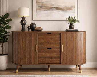 Mid Century Walnut Sideboard Cabinet, Modern Storage Credenza for Living Room or Dining Room with Drawers & Shelves