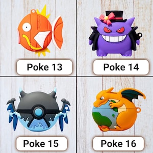 May include: Four colorful protective cases for electronic devices, each featuring a different cartoon character design. The cases are orange, purple, black, and orange with the text "Poke 13", "Poke 14", "Poke 15", and "Poke 16" below each.