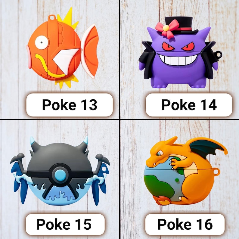 May include: Four colorful protective cases for electronic devices, each featuring a different cartoon character design. The cases are orange, purple, black, and orange with the text "Poke 13", "Poke 14", "Poke 15", and "Poke 16" below each.