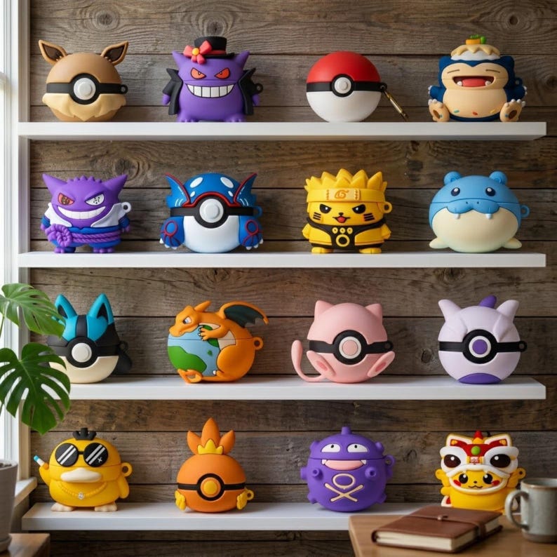 May include: A collection of sixteen silicone protective cases for wireless earbuds, each shaped like a different character or a red and white ball. The cases feature vibrant colors and detailed designs, arranged on four white shelves against a wood wall.
