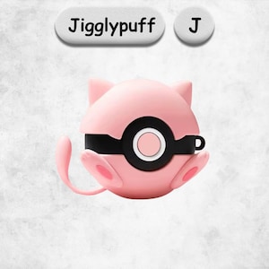 May include: A pink, spherical silicone case shaped like a character with cat-like ears, a black horizontal band, and a central circular button. The case features a thin, curved tail and small feet. Above the case, the text reads Jigglypuff and J.