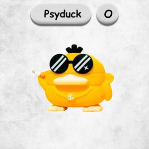 May include: A yellow silicone protective case for wireless earbuds shaped like the character Psyduck, featuring black round sunglasses, a gold-colored chain with a dollar sign pendant, and a small cigarette held in one hand. Text reads Psyduck O.