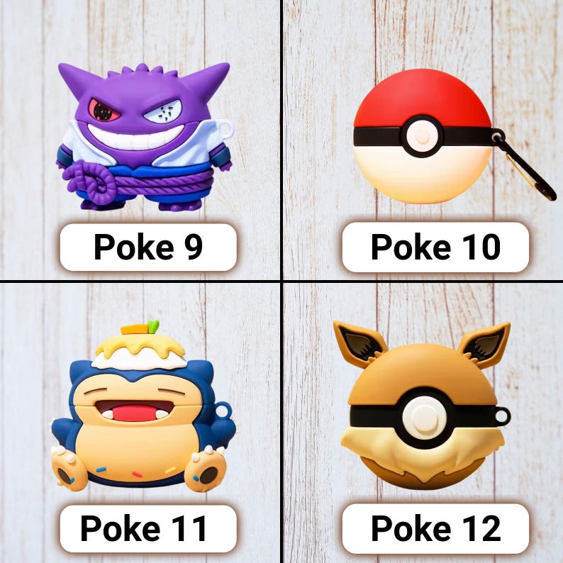 May include: Four colorful Pokemon-themed accessories. The top left features a purple character with the text "Poke 9". The top right shows a red and white Pokeball with the text "Poke 10". The bottom left shows a blue character with the text "Poke 11". The bottom right shows a brown character with the text "Poke 12".