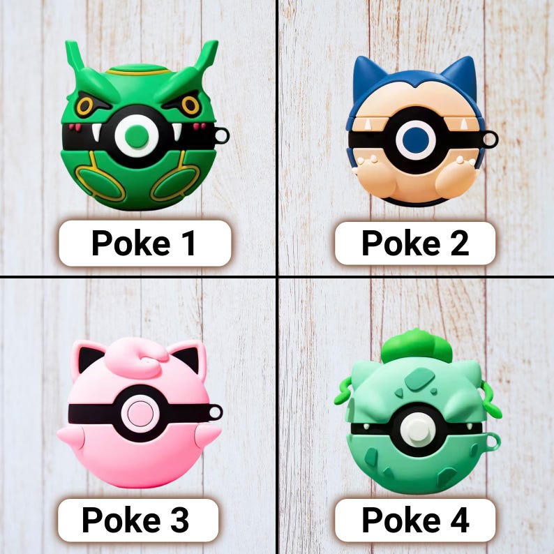 May include: Four colorful, character-themed cases for wireless earbuds. The cases are green, blue, pink, and green, each with a unique design and the text "Poke" followed by a number. The cases are on a light wood-grain surface.