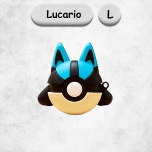 May include: A protective case for wireless earbuds shaped like the character Lucario, featuring a blue, black, and cream color scheme with a central circular button detail. The case includes a small side loop and is labeled with the text Lucario and L.
