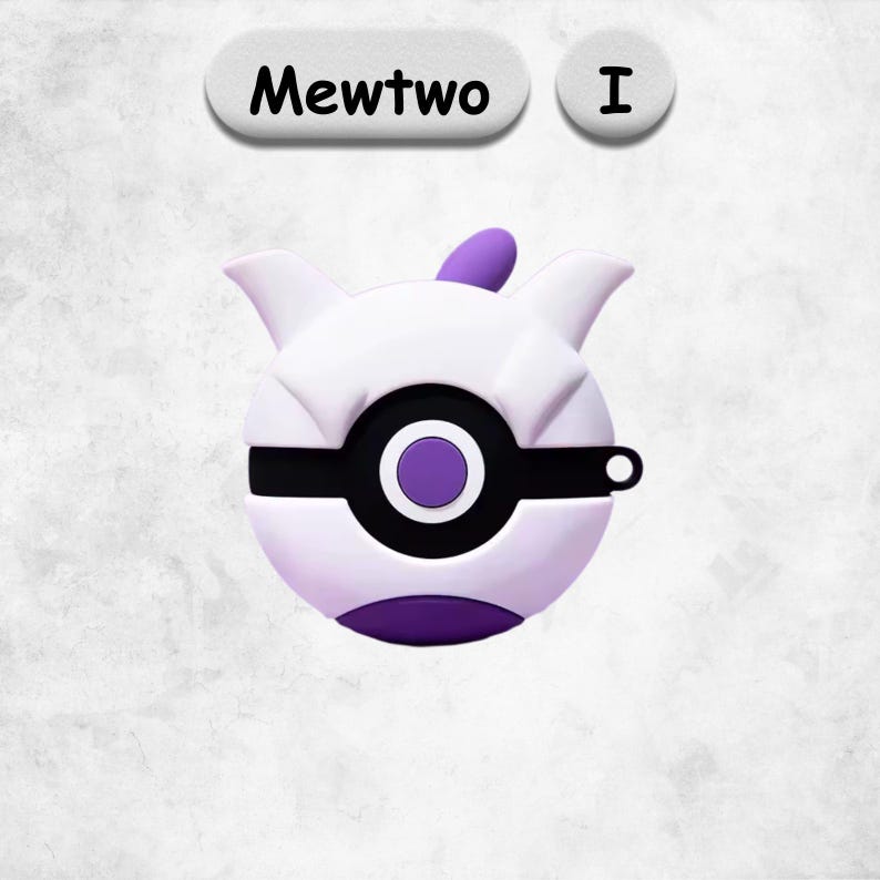 May include: A white and purple silicone protective case shaped like a spherical character with pointed ears and a central circular button. The text Mewtwo and the Roman numeral I are printed in black on two separate white oval labels above the case.