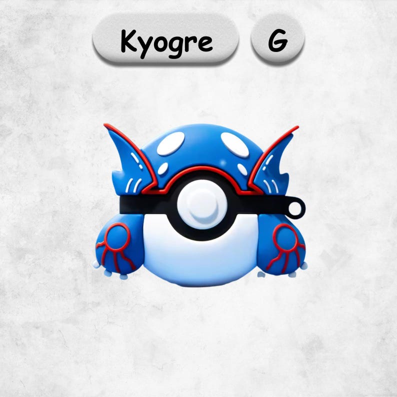May include: A blue and white silicone protective case shaped like the character Kyogre, featuring red accents, a central circular button design, and a black band. Above the case, two white labels display the text Kyogre and the letter G.