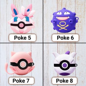 May include: Four colorful AirPod cases, each designed to resemble a different character. The cases are pink, purple, and blue, with the text "Poke 5", "Poke 6", "Poke 7", and "Poke 8" printed below each case.