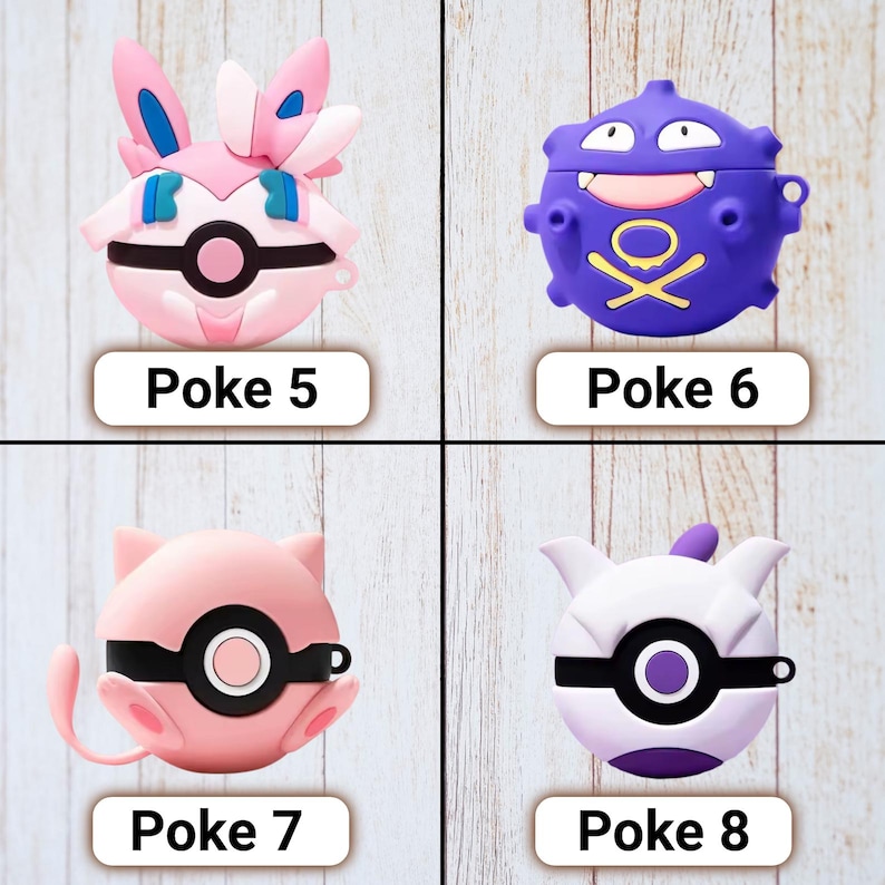 May include: Four colorful AirPod cases, each designed to resemble a different character. The cases are pink, purple, and blue, with the text "Poke 5", "Poke 6", "Poke 7", and "Poke 8" printed below each case.