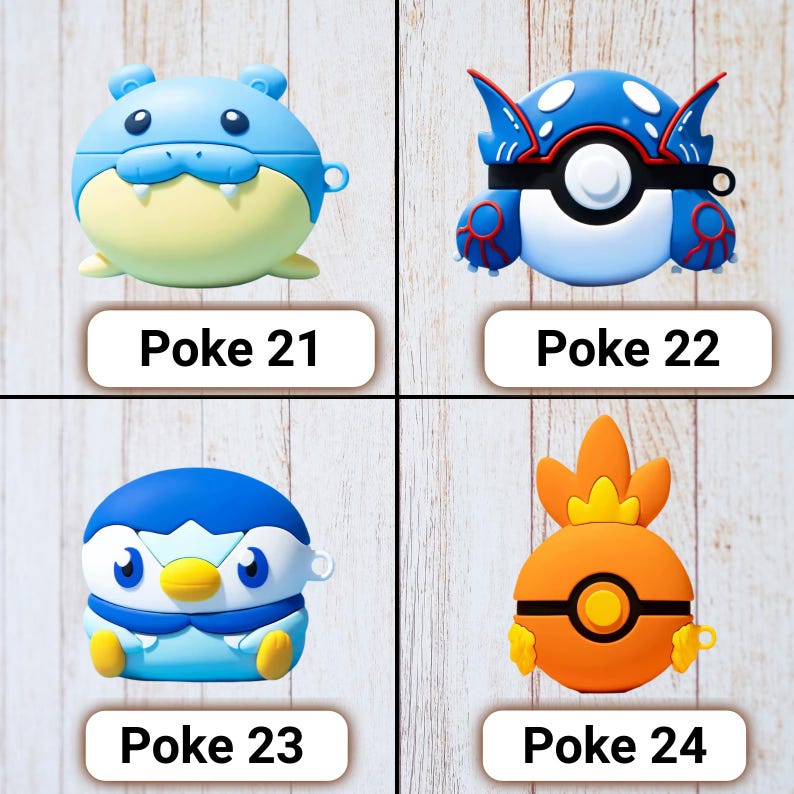 May include: Four colorful character-themed cases for electronic devices. The cases are blue, yellow, and orange, with the text "Poke 21", "Poke 22", "Poke 23", and "Poke 24" below each case. The cases are on a light wood-grain surface.