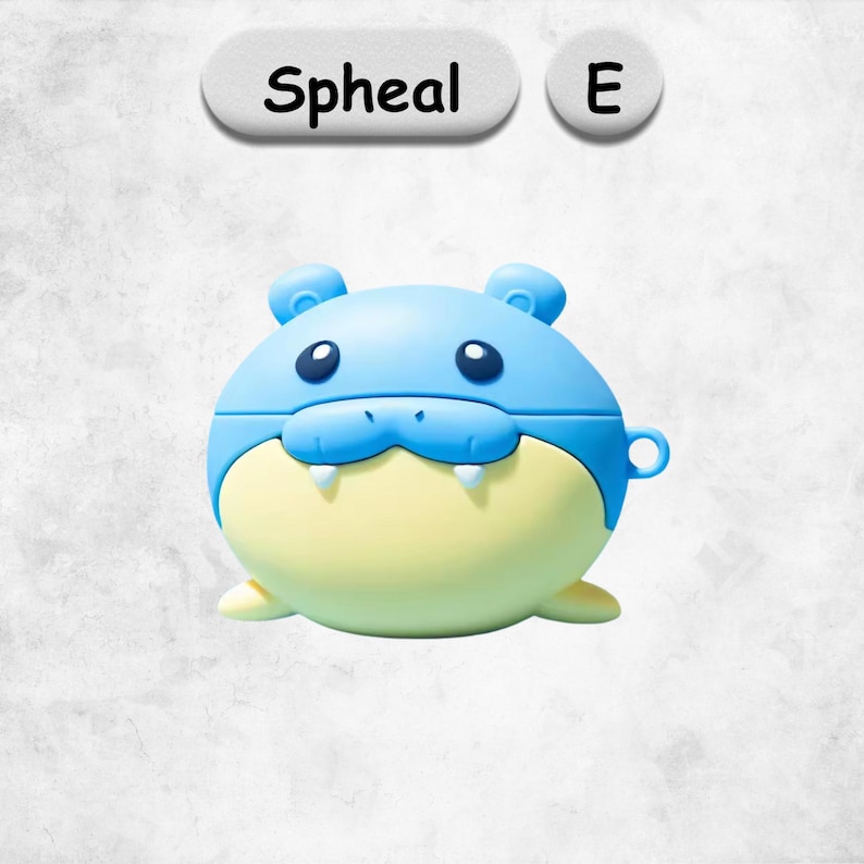 May include: A light blue and pale yellow protective case for wireless earbuds shaped like the character Spheal. The case features two small ears, dark eyes, and two white tusks. Above the case, the text Spheal and the letter E appear.