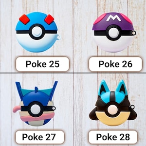 May include: Four colorful protective cases for wireless earbuds, each designed with a unique character theme. The cases are blue, purple, and black, with white and other accent colors. Each case has a circular design with the text "Poke" and a number.