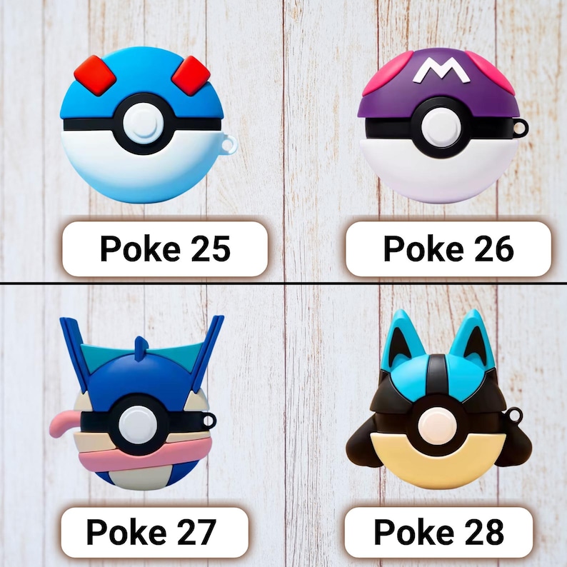 May include: Four colorful protective cases for wireless earbuds, each designed with a unique character theme. The cases are blue, purple, and black, with white and other accent colors. Each case has a circular design with the text "Poke" and a number.