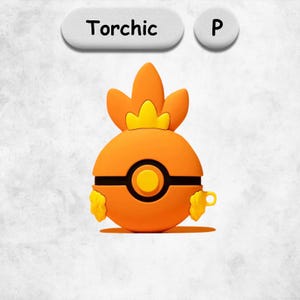 May include: A spherical orange and yellow protective case featuring a central black band with a circular yellow button, topped with three flame-shaped protrusions. The text Torchic and the letter P are displayed in separate rounded white bubbles above.