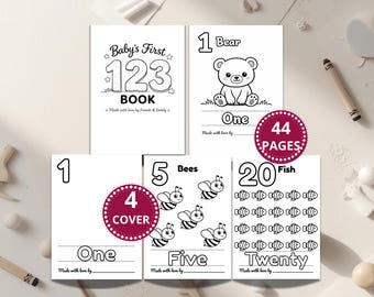 May include: A set of children's coloring books with the text "Baby's First 123 Book". The pages feature numbers, animals, and objects to color, including a bear, bees, and fish. The book has 44 pages and 4 covers.