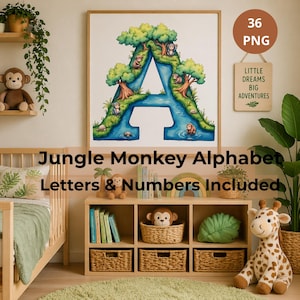Puede incluir: Una impresión en acuarela enmarcada de la letra "A" con temática de jungla, con monos, árboles y un río. El texto "Jungle Monkey Alphabet Letters & Numbers Included" está debajo. Un letrero dice "Little Dreams Big Adventures."