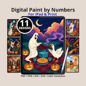May include: Digital Paint by Numbers for iPad & Print featuring 11 designs. The central image shows a ghost and a white goose having a picnic with a pie, pumpkins, and a blue basket under a crescent moon. Includes PDF, PNG, JPG, SVG, and color swatches.