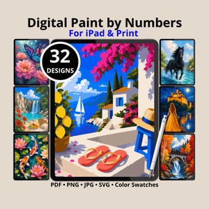 32 diseños de pintura por números para Procreate, paquete de páginas para colorear digitales para iPad, páginas para colorear acogedoras para adultos, archivos PNG, PDF y SVG imprimibles.