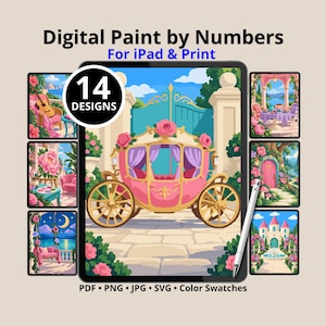 May include: A digital paint by numbers set for iPad and print featuring 14 designs. The central image shows a pink and gold carriage on a stone path. Surrounding it are smaller panels displaying scenes with a guitar, flowers, a door, and a castle. A white stylus is positioned on the right side of the main tablet screen.
