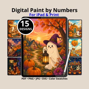 Könnte beinhalten: Digital Paint by Numbers für iPad & Print mit 15 Designs. Das Hauptbild zeigt einen Geist mit violettem Hexenhut, der eine Laterne auf einem Pfad mit Kürbissen und herbstlichen Bäumen hält. Enthält PDF-, PNG-, JPG-, SVG-Dateien und Farbfelder.