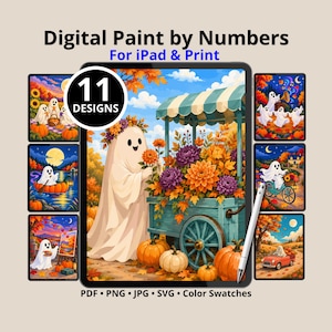 May include: Digital paint by numbers for iPad and print featuring 11 designs. The main image shows a ghost wearing a flower crown next to a teal flower cart filled with autumn blooms and pumpkins. Includes PDF, PNG, JPG, SVG, and colour swatches.