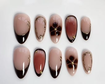 Blühende Blumen Nägel braun/ lange Mandel Nägel/ lange silber Nägel/ elegante Nägel/ Winter Nägel/ braune French Nägel/ Geburtstagsnägel