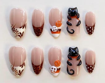 Schwarze Katzen-Nägel / Braune gepunktete Press-on-Nägel, lange Mandelform / 3D-Katzen-French-Tip-Nägel / Niedliche Knopf-Nägel / Geburtstagsnägel / Individuelle Nägel