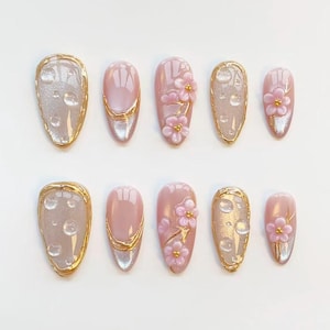 3D pink flower nails/press on nails long almond nails/Elegant nails/Gold chrome nails/Glitter cat eye nails/3D Gel nails/Birthday nails