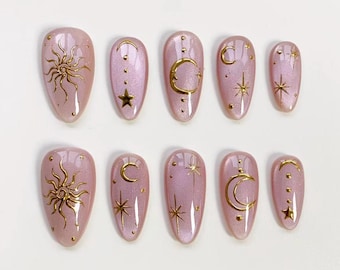 Glitterrosa cat eye-naglar/press-on-naglar långa mandelnaglar/eleganta naglar/gyllene solnaglar/stjärnmånenaglar/skräddarsydda naglar/födelsedagsnaglar