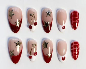 Rode kersennagels/persnagels lange amandelnagels/Y2K-nagels/Burgundy Croc-nagels/Gold Star-nagels/Eenvoudige Franse nagels/Verjaardagsnagels