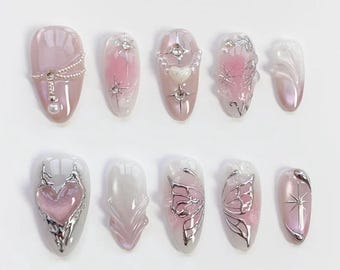 3D rosa hjärtnaglar/press on-naglar långa mandelnaglar/Y2K-naglar/Silverkromade fjärilsnaglar/3D-gelnaglar/Glitter cat eye-naglar/specialanpassade naglar