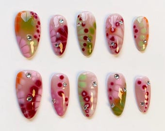 Blooming flower nails/press on nails long almond nails/Elegant Spring Nails/Colorful Nails/Diamond nails/Green Ombre nails/Birthday nails