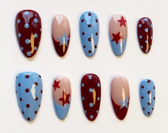 Blauwe stipnagels/persnagels lange amandelnagels/Trendy nagels/Sternagels/Bordeauxrode Franse nagels/Retro nagels/Verjaardagsnagels/Aangepaste nagels