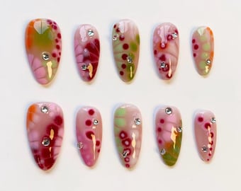 Blooming flower nails/press on nails long almond nails/Elegant Spring Nails/Colorful Nails/Diamond nails/Green Ombre nails/Birthday nails