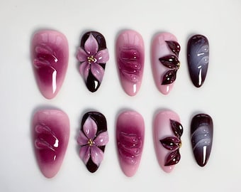 3D Burgundy flower nails/press on nails Long almond nails/Elegant nails/3D Gel Nails/custom nails/Aura Nails/3D Flower Nails/Pink Fall Nails